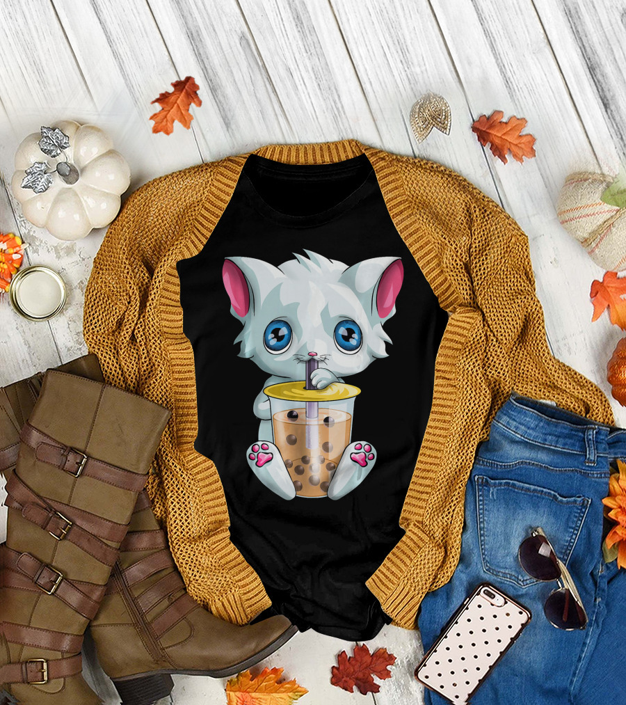 Kawaii Cat with Bubble Tea Cute Boba Drink T-Shirt