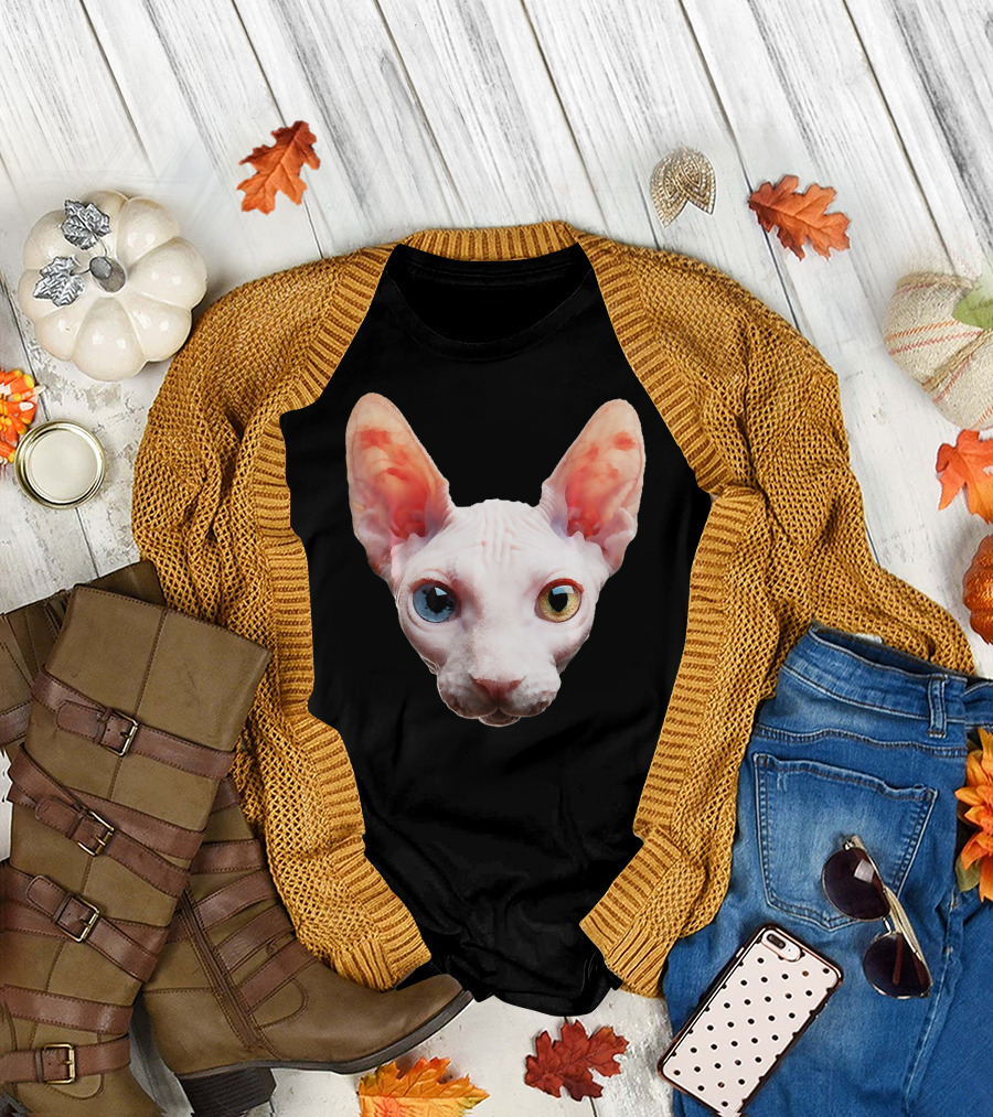 Cute Sphynx Cat with Heterochromia Blue and Yellow Eyes T-Shirt