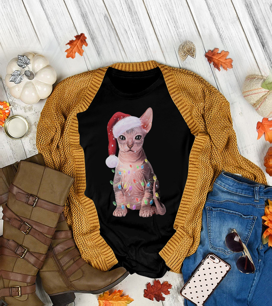 Let It Snow Christmas Holiday Sphynx Cat with Santa Hat and Festive Lights T-Shirt