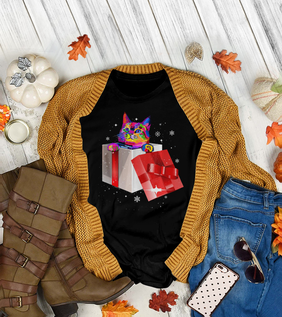 Colorful Cute Cat in Gift Box with Snowflakes for Kitten Lovers T-Shirt