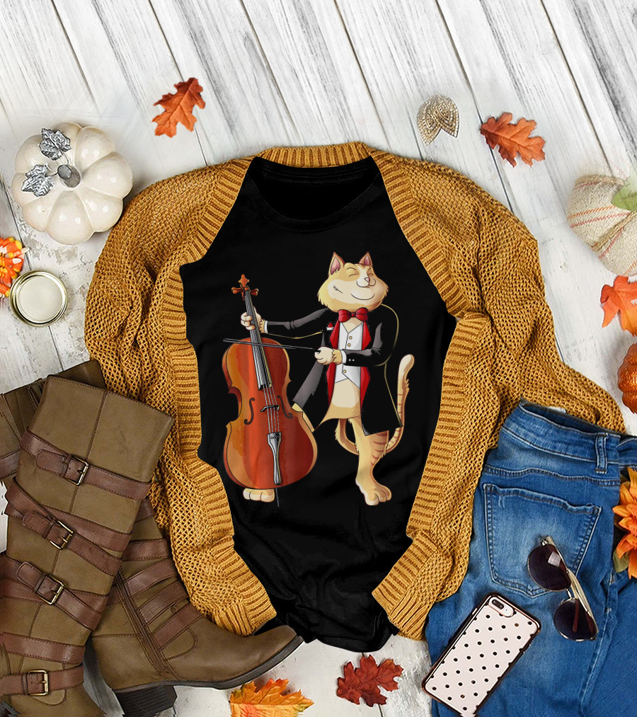 Cool Cat Playing Cello Funny Kitten Orchestra Instrument tuxedo T-Shirt