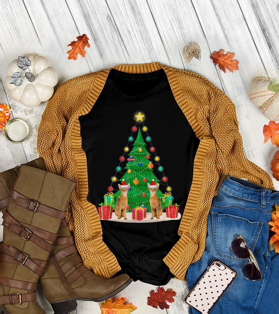 Santa Abyssinian Cats with Gifts Under Christmas Tree T-Shirt