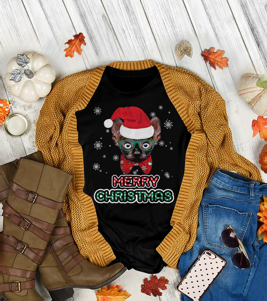 Merry Christmas Sphynx Cat in Santa Hat and Glasses T-Shirt