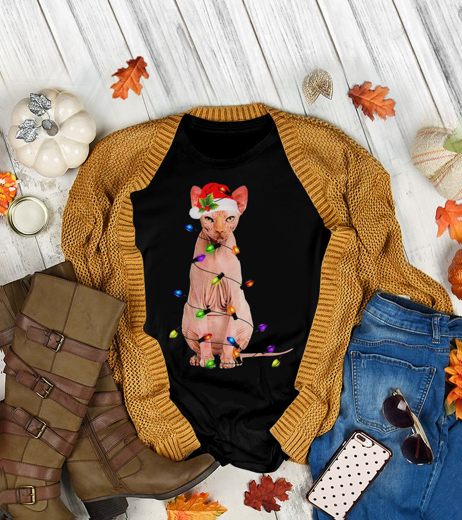 Santa Sphynx Cat Wrapped in Colorful Christmas Lights T-Shirt