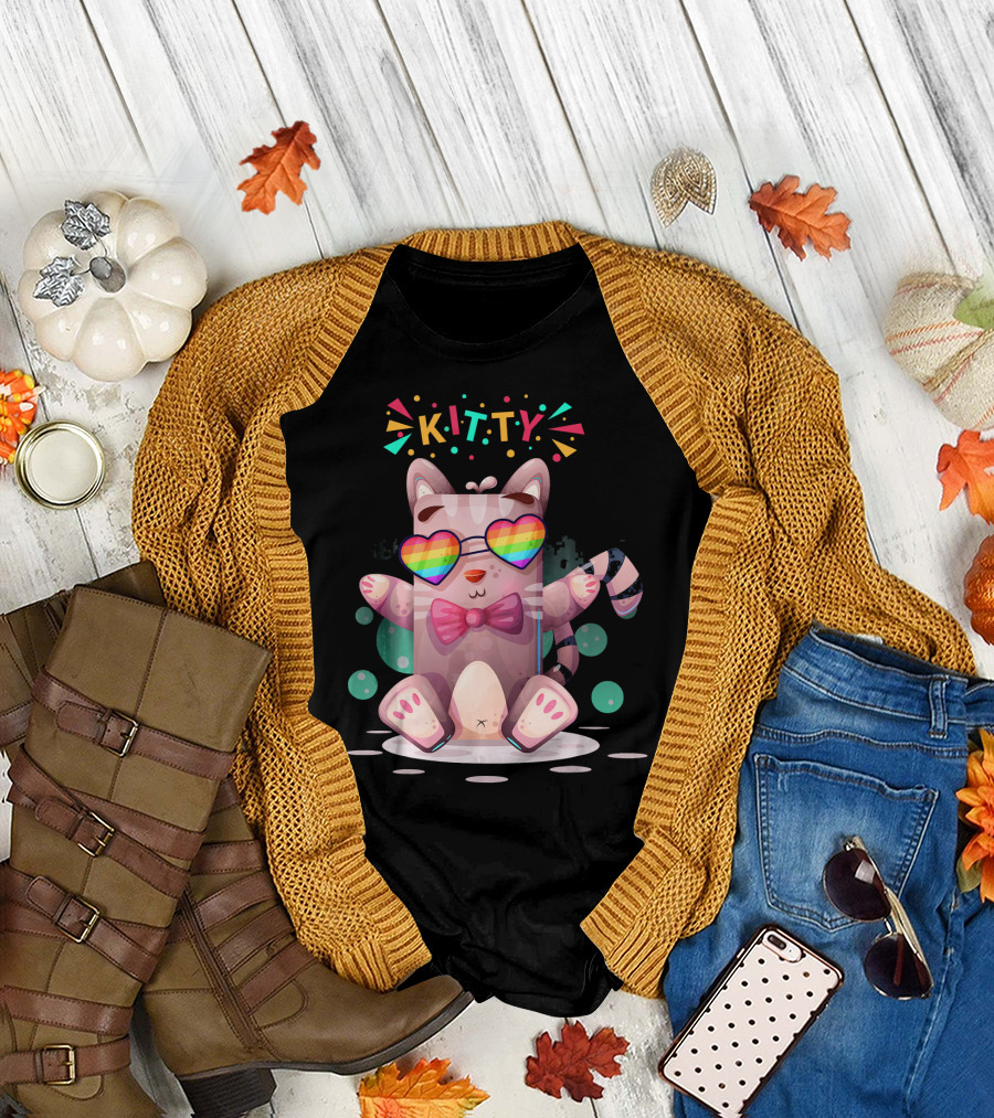 Kitty Rainbow Sunglasses Cat with Bow Tie and Festive Confetti T-Shirt
