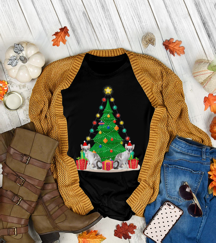 Santa Devon Rex Cat Christmas Tree Lights Presents T-Shirt