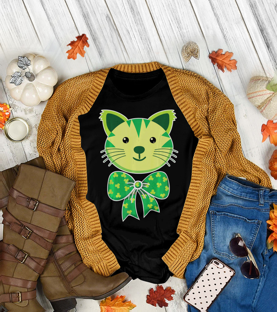Kitten Bow Tie with Shamrocks as Cute St Patricks T-Shirt