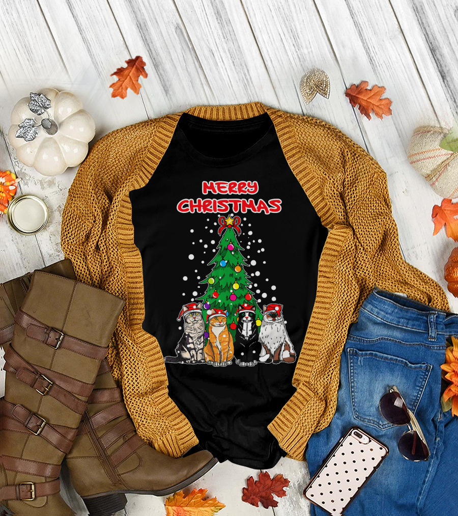 Merry Christmas Kitten Christmas Tree Cats with Santa Hats T-Shirt