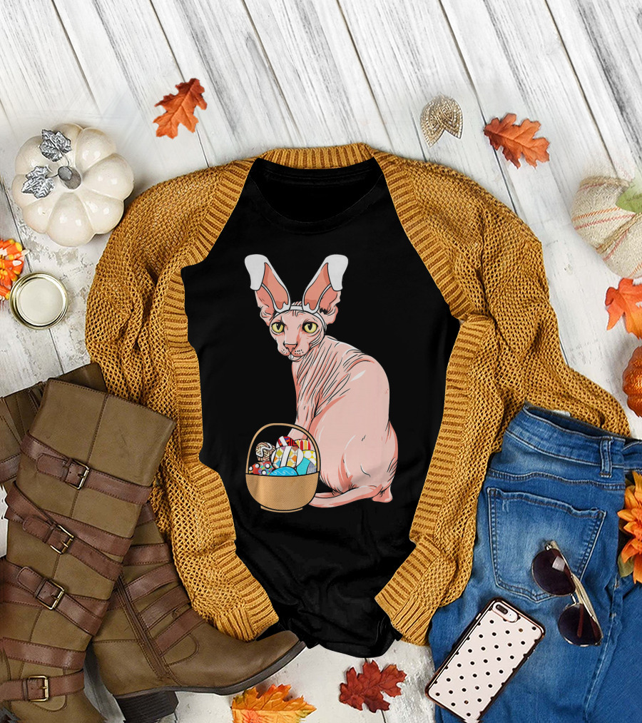 Exotic Sphynx Hairless Feline with Easter Bunny Ears and Candy Basket T-Shirt