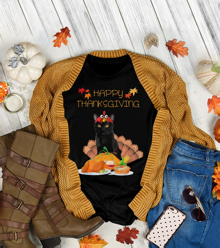Happy Thanksgiving Day Bombay Cat with Feast and Autumn Leaves T-Shirt