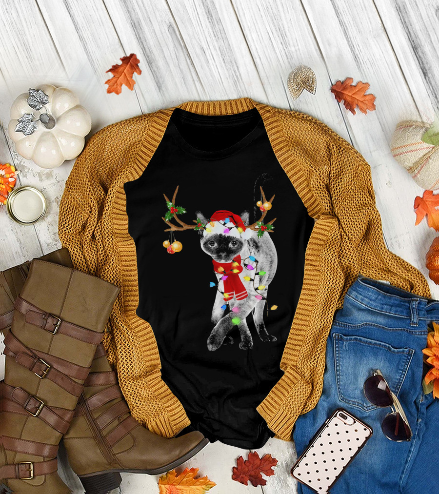 Devon Rex Cat with Christmas Lights and Reindeer Antlers T-Shirt