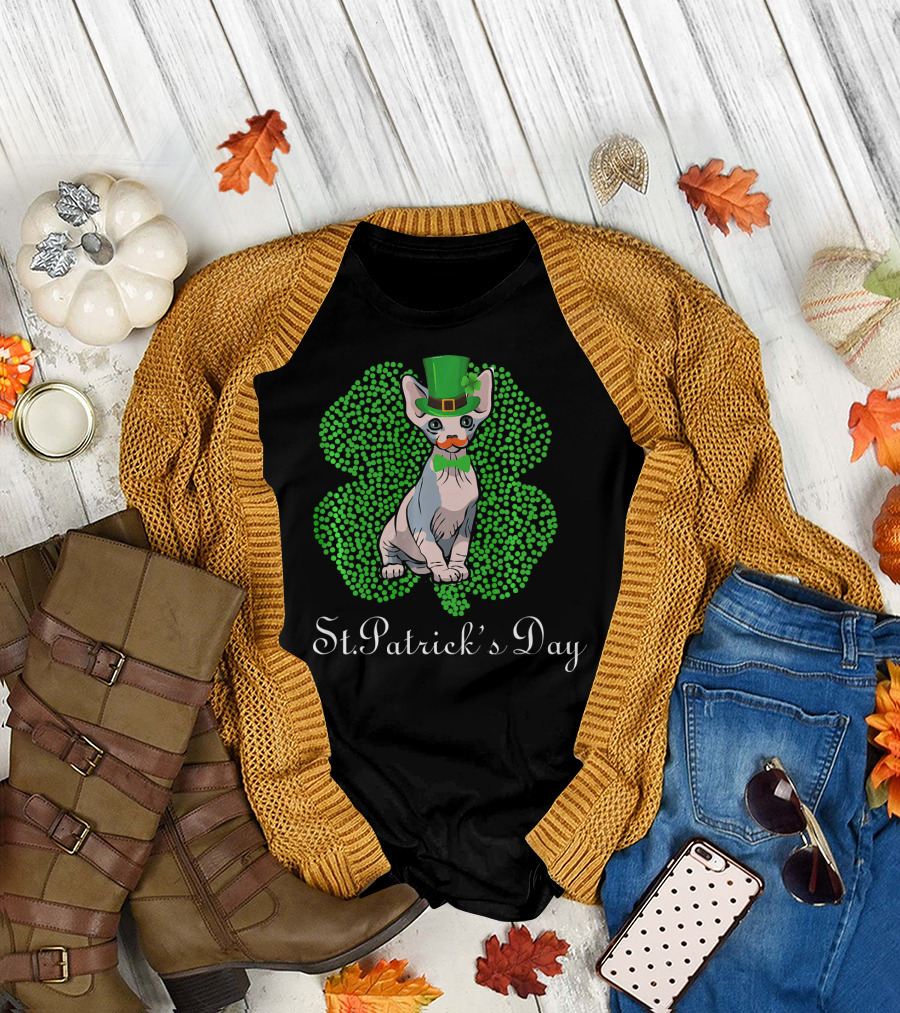 Sphynx Cat St. Patricks Day Clover Hat Bowtie T-Shirt