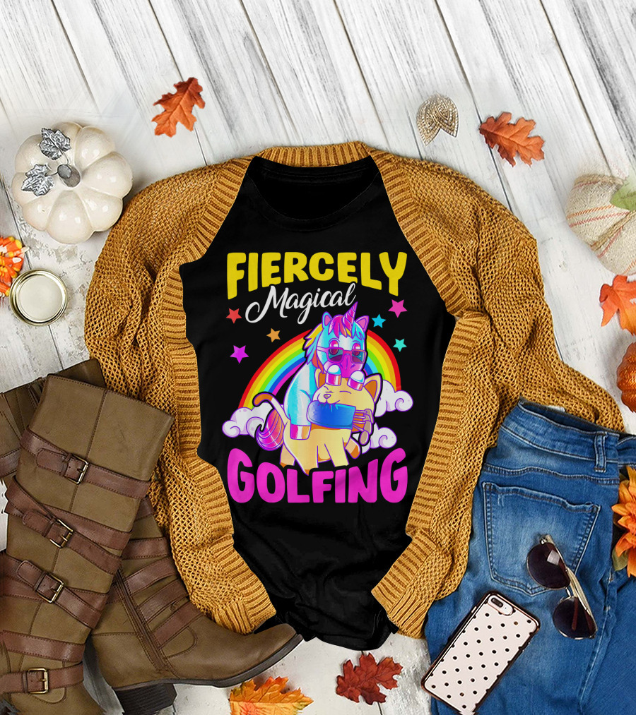 Fiercely Magical Golfing Unicorn Cat Rainbow Adventure T-Shirt