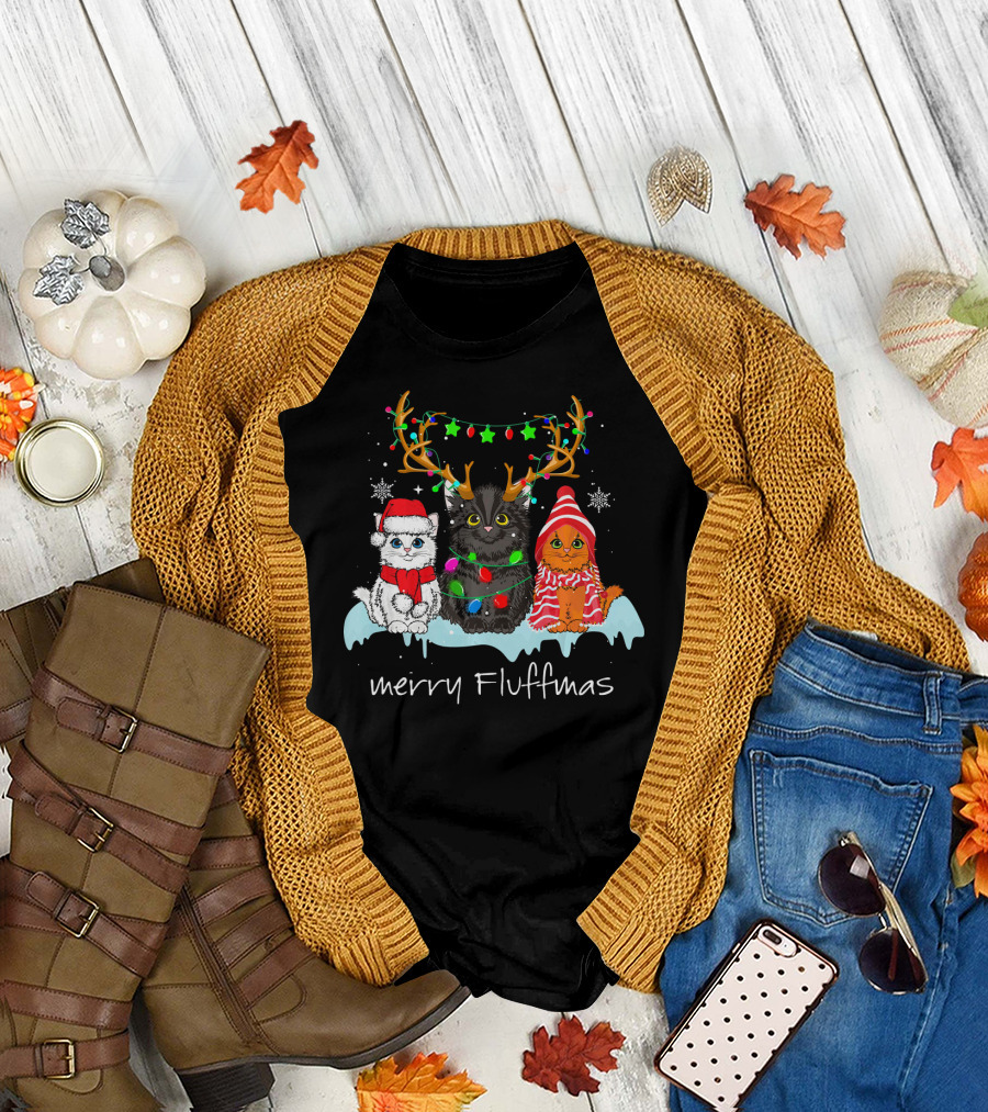 Merry Fluffmas Cat Trio with Antlers and Festive Lights T-Shirt