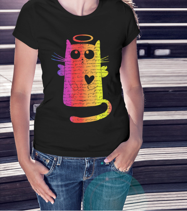 Letters Written To My Lost Kitten Ange Rainbow Angel Cat With Halo And Heart T-Shirt