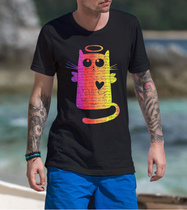 Letters Written To My Lost Kitten Ange Rainbow Angel Cat With Halo And Heart T-Shirt