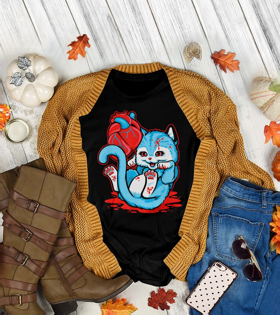Cat Got Your Heart Funny Kitten Love Playful Red Blue T-Shirt