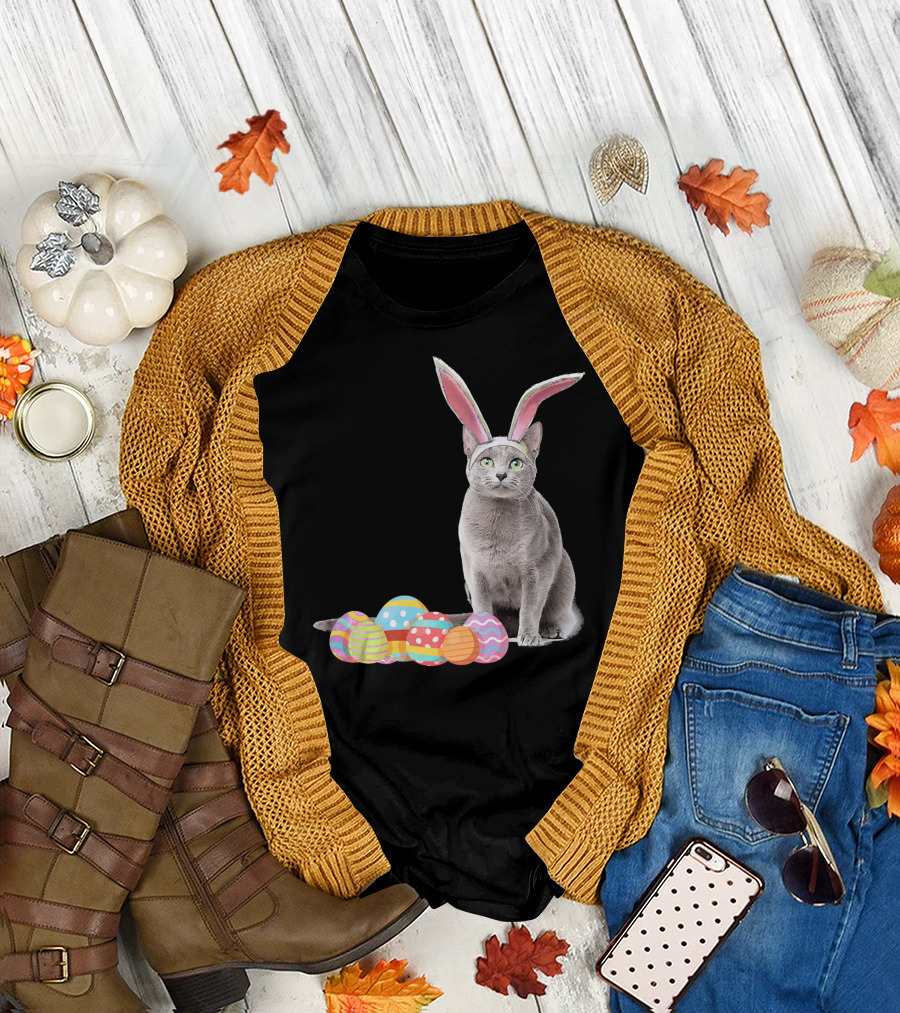 Easter Cat Russian Blue Bunny Ears with Colorful Eggs T-Shirt