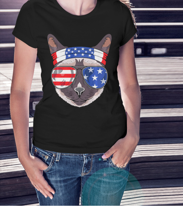 USA Patriotic Siamese Cat With American Flag Sunglasses And Headband For July T-Shirt