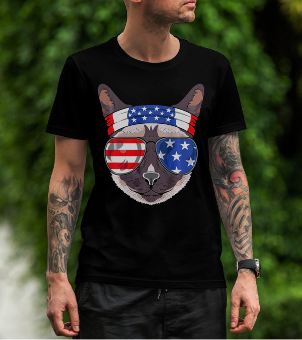 USA Patriotic Siamese Cat With American Flag Sunglasses And Headband For July T-Shirt