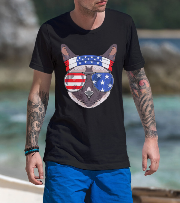 USA Patriotic Siamese Cat With American Flag Sunglasses And Headband For July T-Shirt