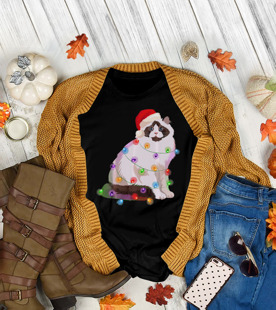 Ragdoll Cat with Christmas Lights and Santa Hat T-Shirt