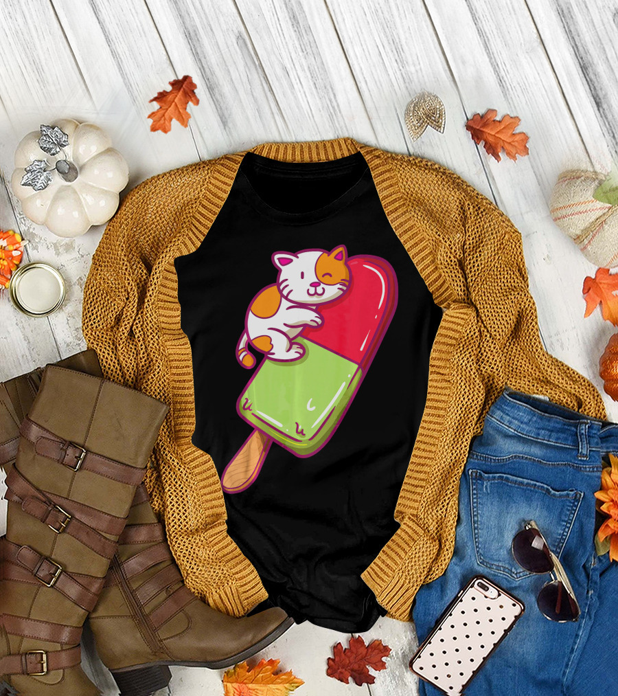 Cat Lovers Kitten Hugging Colorful Popsicle T-Shirt