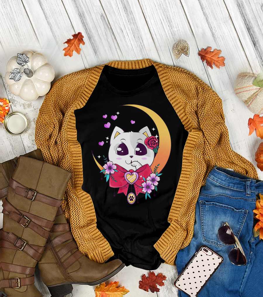 Kawaii Cat Cute Japanese Anime Manga Kit Moon Hearts Flowers Red Bow T-Shirt