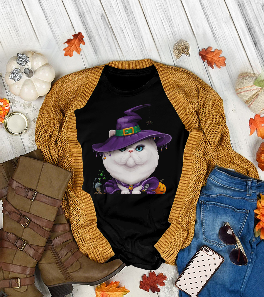 White Persian Cat Witch Cauldron Pumpkin Halloween Magic T-Shirt