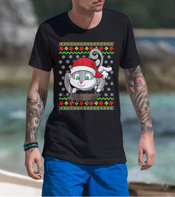Sledding Cat Ugly Christmas Sweater Santa Hat Snowflakes Holiday T-Shirt