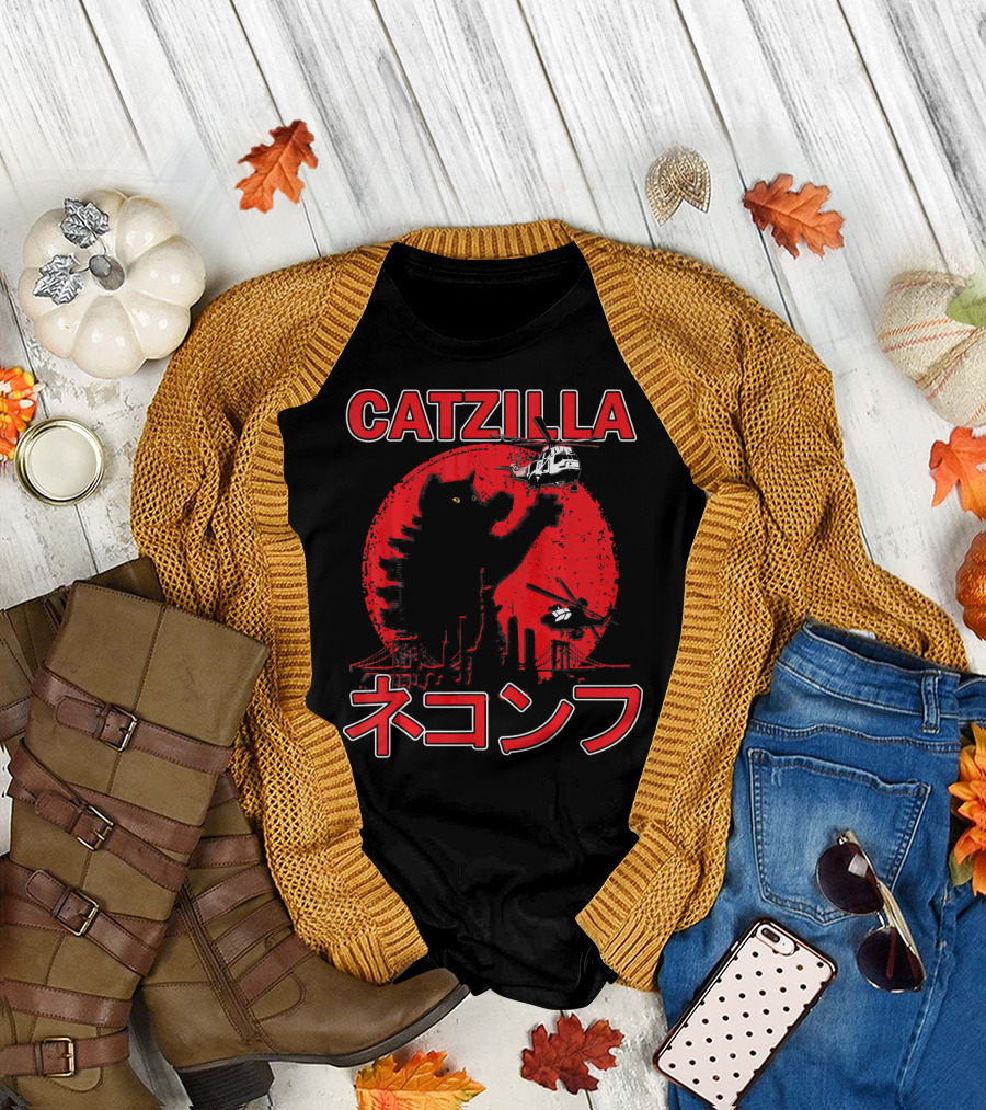 Catzilla Japanese Sunset Giant Cat Helicopter Chase T-Shirt