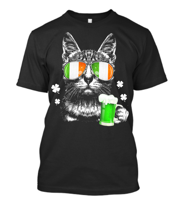 Black Cat St Patricks Day Kitty Irish Sunglasses Green Beer Shamrocks T-Shirt