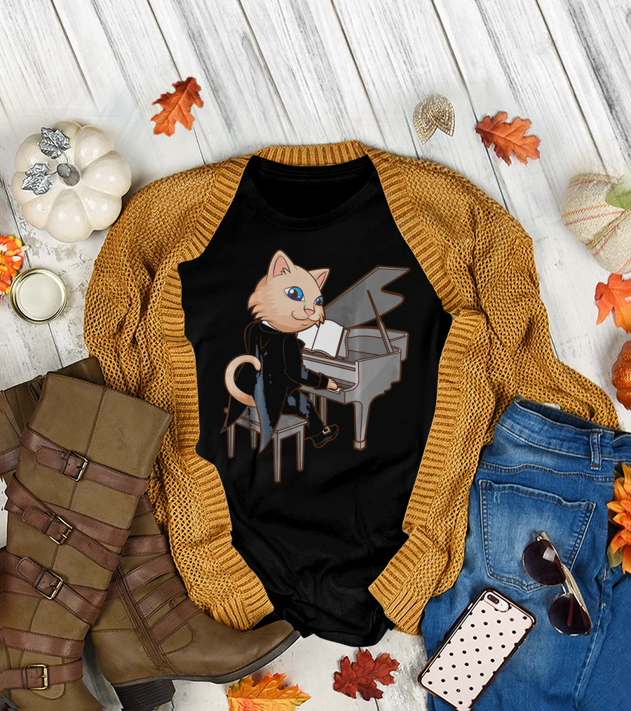 Cool Cat Playing Piano Funny Kitten Musician T-Shirt