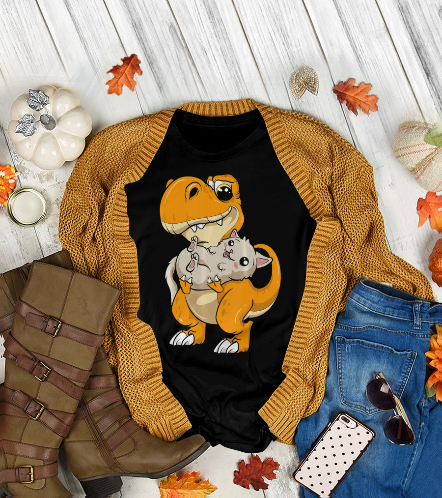 Kawaii Dinosaur Hugging Cute Kitten Rex T-Shirt