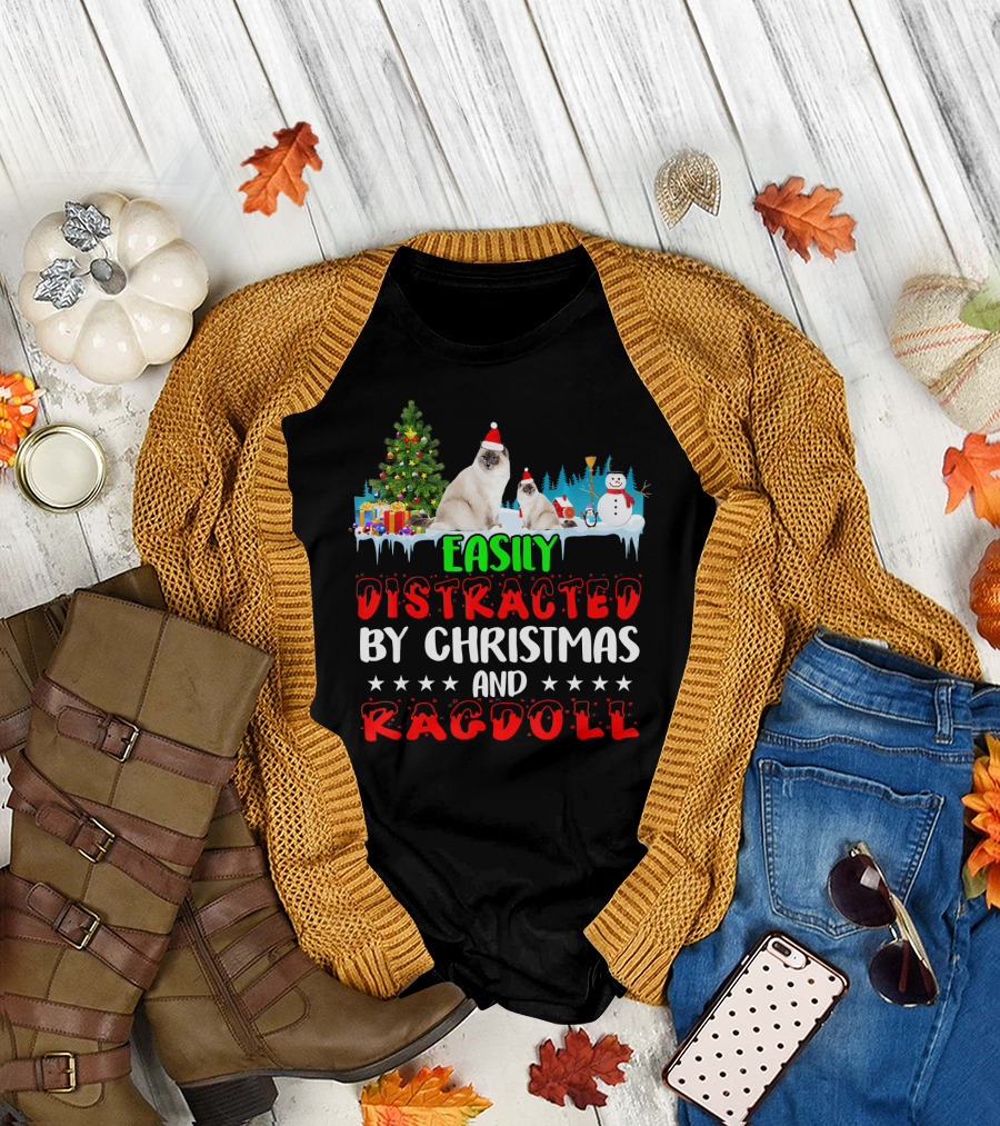 Easily Distracted by Christmas and Ragdoll Cats with Tree and Snowman T-Shirt