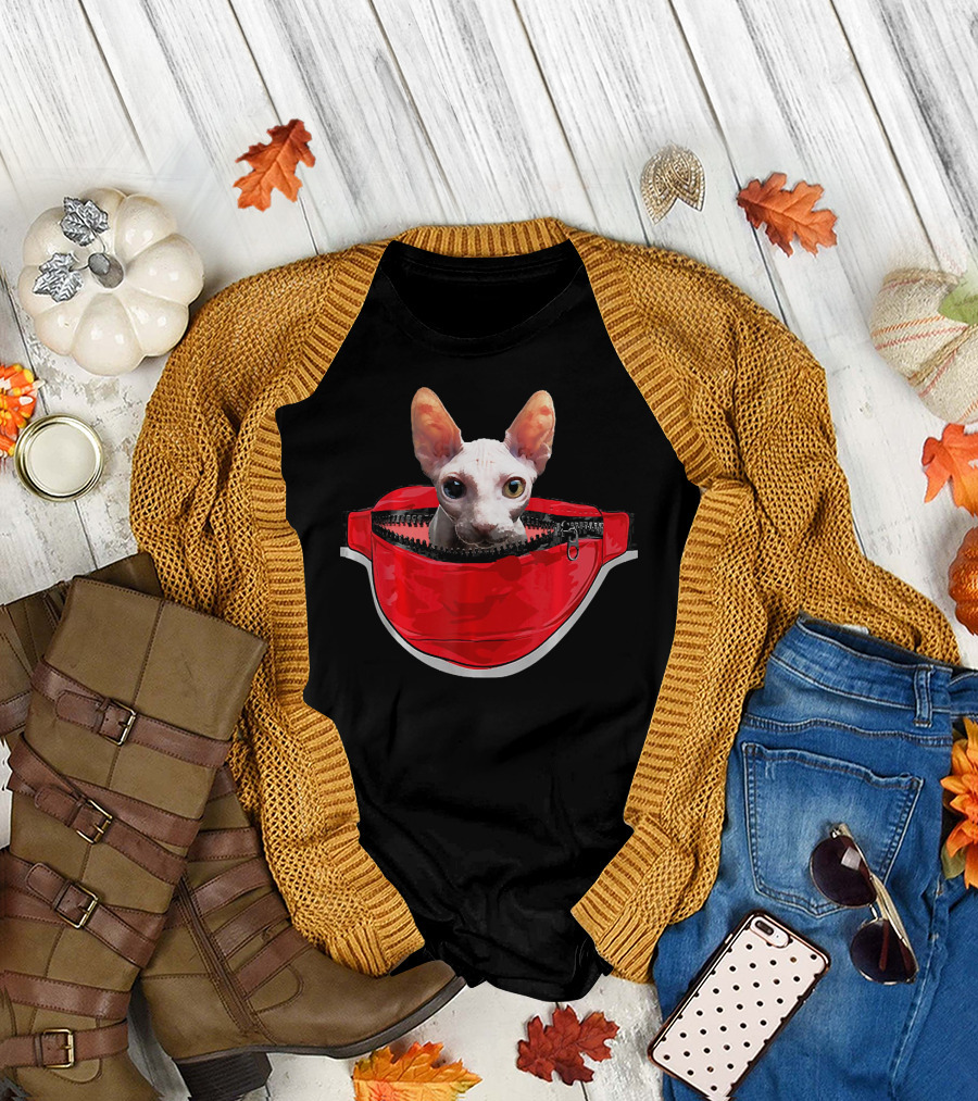 Funny Bambino Cat Peeking from Red Waist Pack Pocket T-Shirt