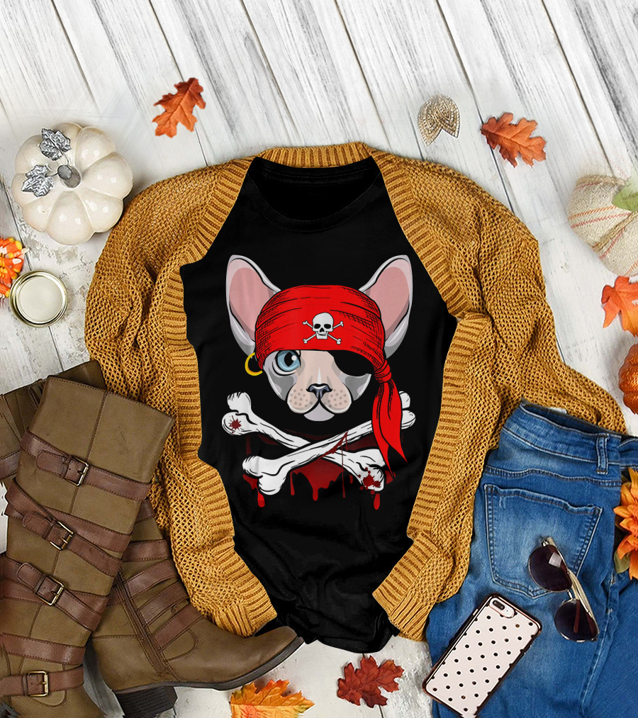 Pirate Costume Sphynx Cat Skull Crossbones Dog Dad Bandana T-Shirt