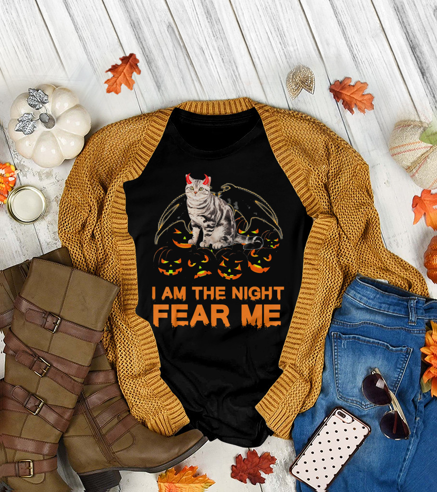 I Am The Night Fear Me Funny Ben Devil Cat with Bat Wings and Pumpkins T-Shirt