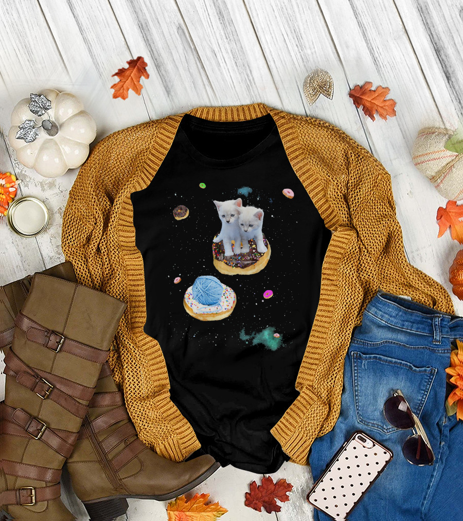 Space Cat Kitten Galaxy Donut Yarn Floating in Cosmic Sprinkles T-Shirt