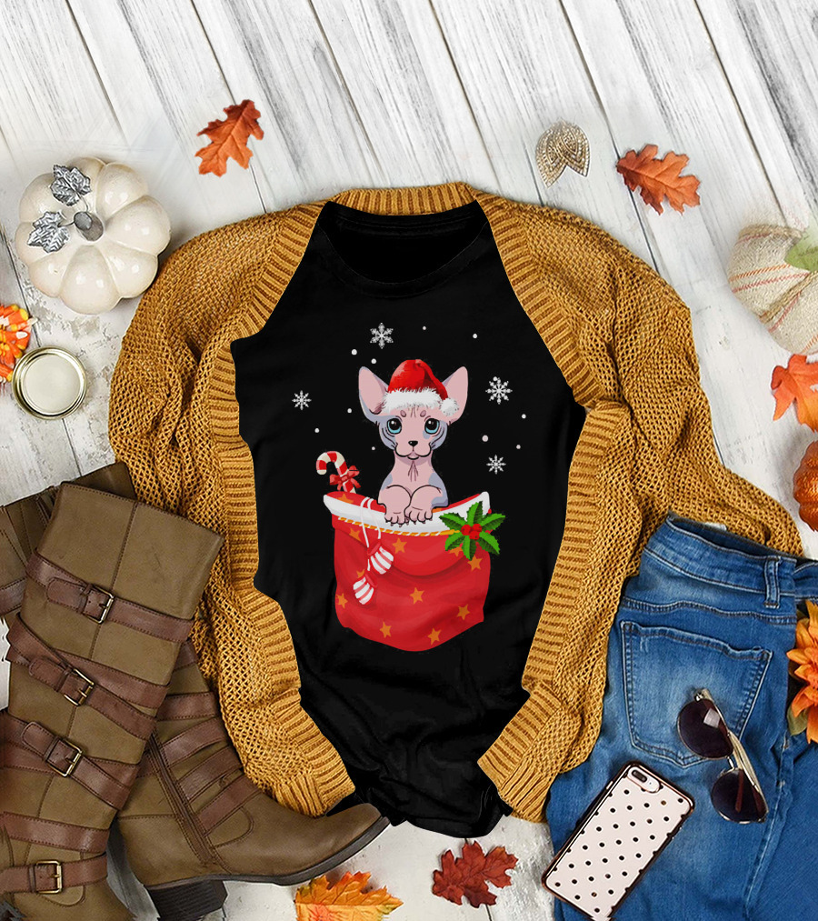 Sphynx Cat Wearing Santa Hat in Christmas Stocking with Candy Cane and Snowflakes T-Shirt