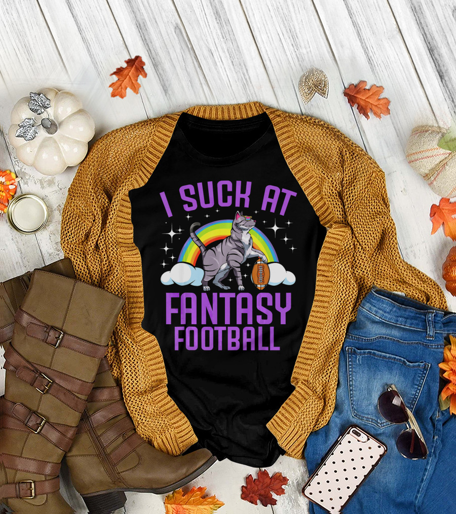 I Suck At Fantasy Football Cat Rainbow Clouds Stars Football T-Shirt