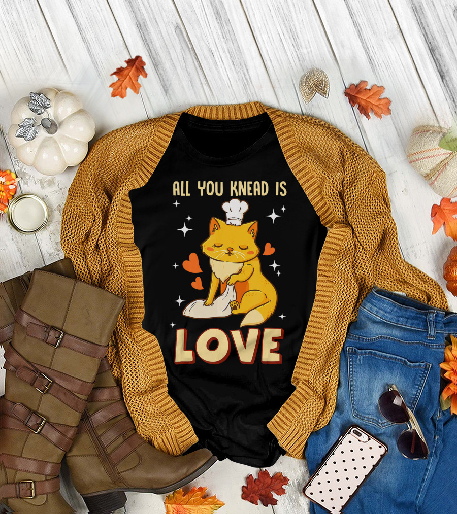 All You Knead Is Love Cat with Chef Hat and Dough Hearts T-Shirt