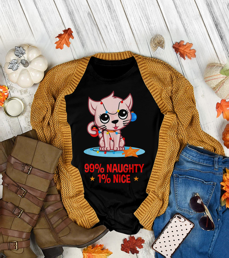 99% Naughty 1% Nice Cute Christmas Kitten with Christmas Lights T-Shirt