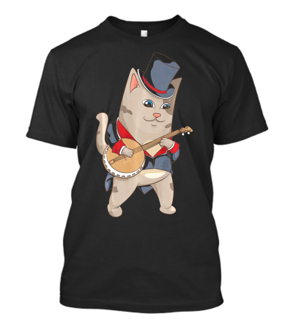 Cool Cat Playing Banjo Funny Kitten Top Hat Suit T-Shirt