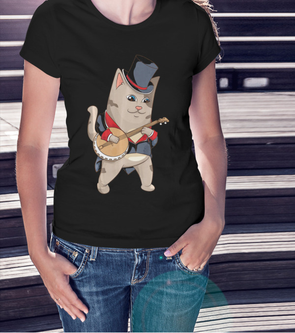 Cool Cat Playing Banjo Funny Kitten Top Hat Suit T-Shirt