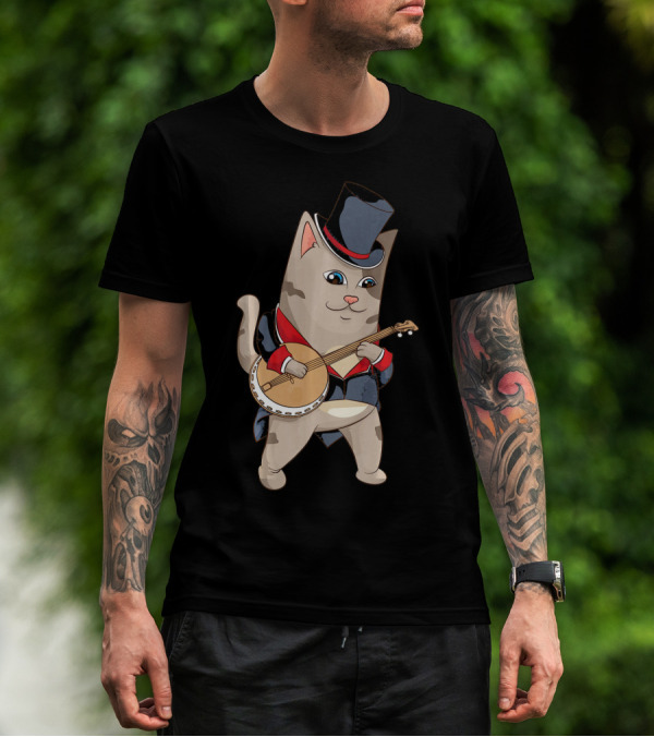 Cool Cat Playing Banjo Funny Kitten Top Hat Suit T-Shirt