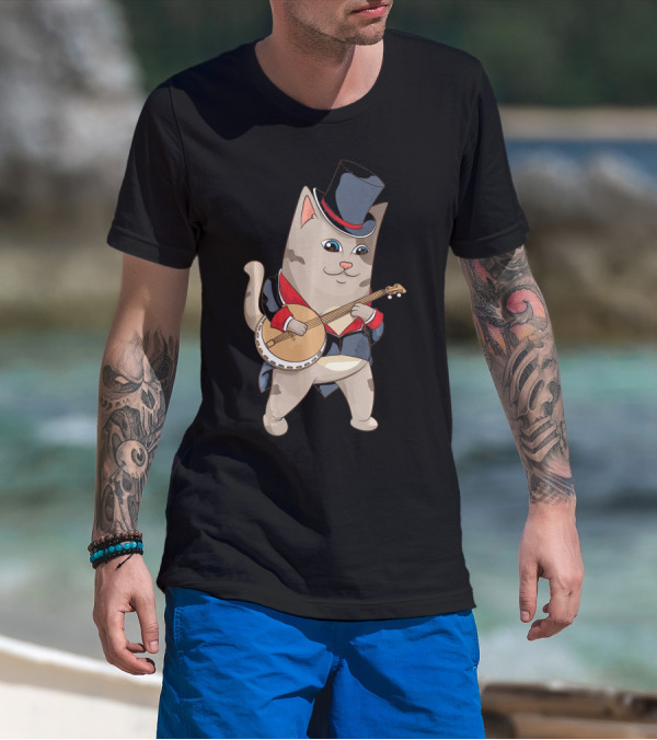 Cool Cat Playing Banjo Funny Kitten Top Hat Suit T-Shirt