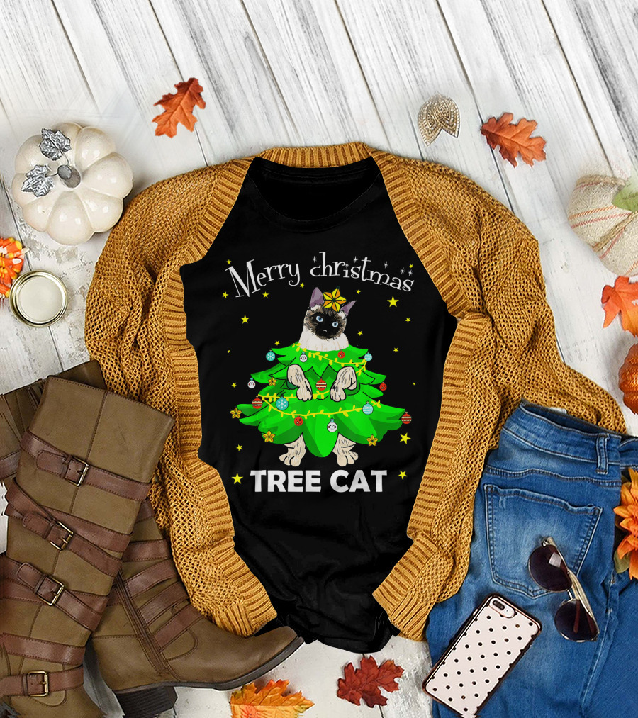 Merry Christmas Tree Cat Siamese Cat in Festive Holiday Lights and Ornaments T-Shirt