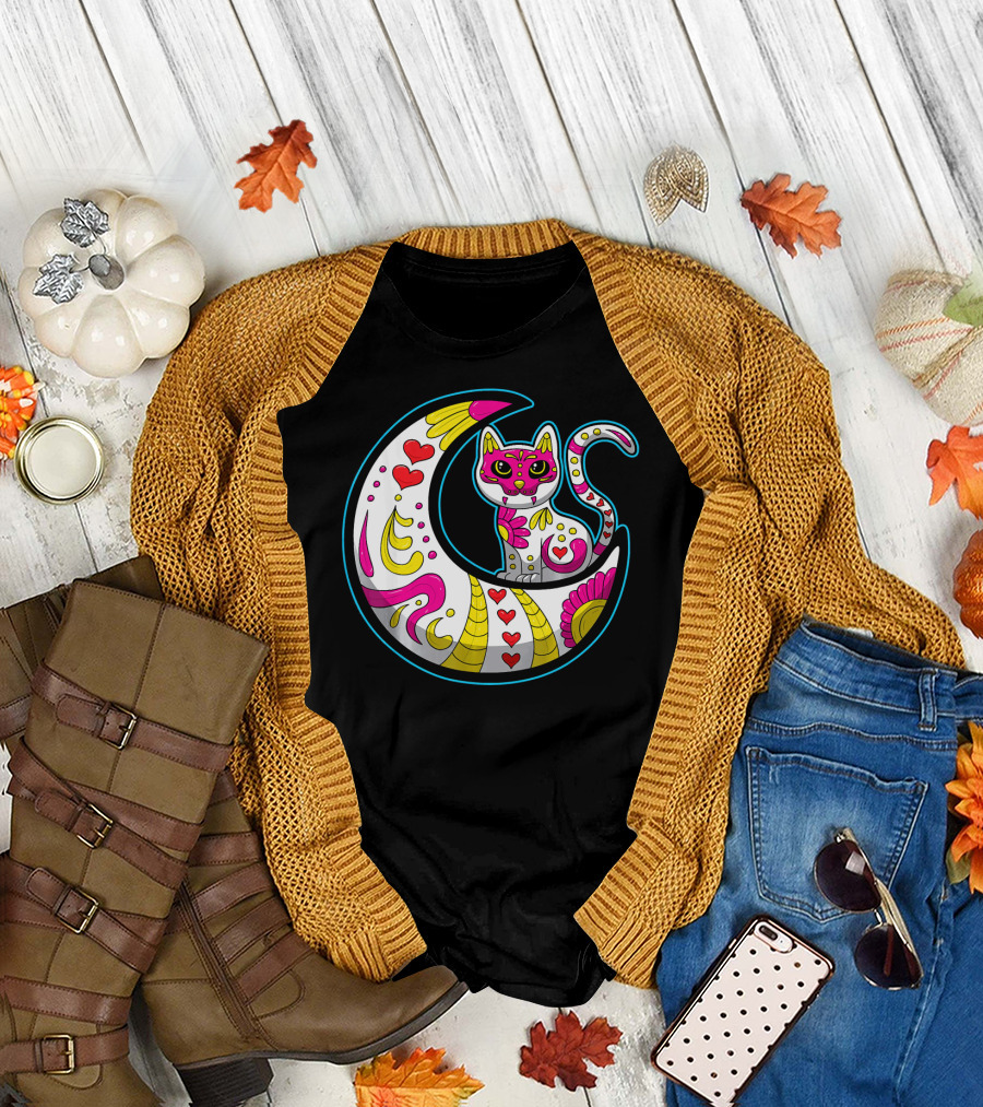 Sugar Skull Cat and Moon Dia de Los Muer Colorful Hearts and Swirls T-Shirt