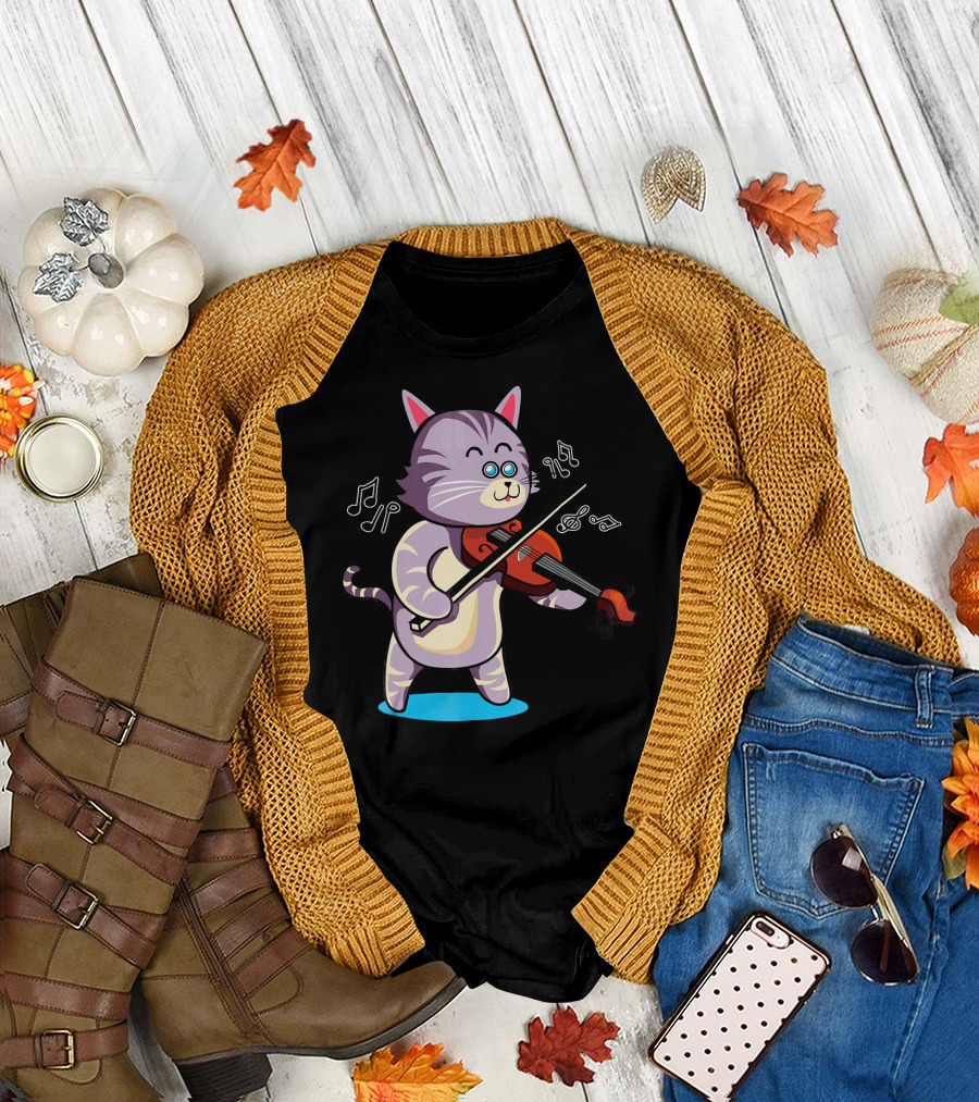 VIOLIN PLAYING COOL GREY CAT WITH MUSICAL NOTES AND BOWTIE T-Shirt